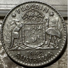 1942 Florin King George VI Coat of Arms 92.5% Silver "Very Good"