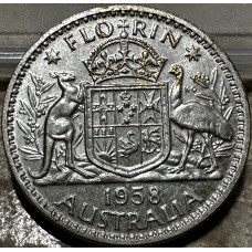 1958 Florin Queen Elizabeth II Coat of Arms 50% Silver "Extra Fine"